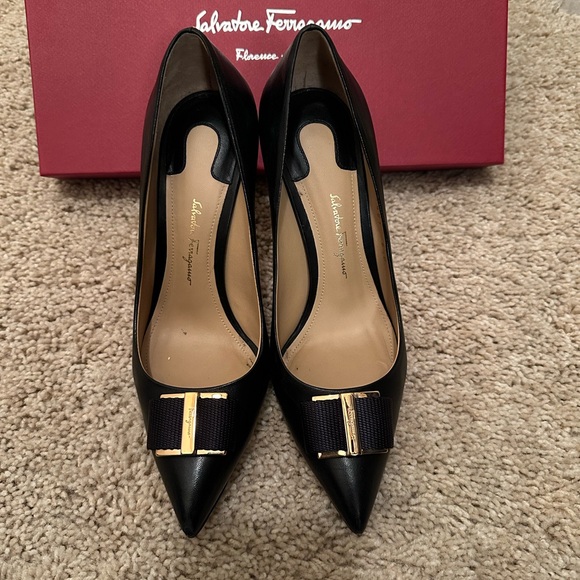 Salvatore Ferragamo Shoes - Salvatore Ferragamo Black Heels with Gold Accent